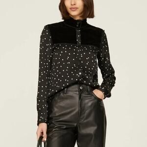 The Kooples Heart Print Top Velvet Yoke Button Front Shirt Black 10